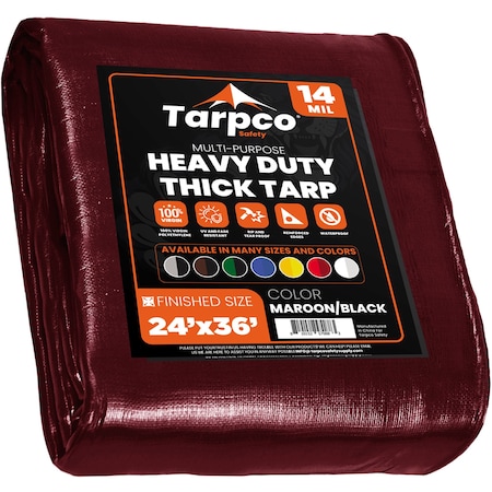 Tarpco Safety Heavy Duty Tarp, 24 ft x 36 ft, 14 Mil, Maroon, Polyethylene, Waterproof, Rip and Tear Proof TS-107-24X36